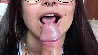 blue eyed brunette gives deep sloppy blowjob to big cock