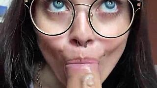 blue eyed brunette gives deep sloppy blowjob to big cock