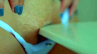 Teen pussy grinds hot on table corner for real orgasm