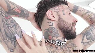 tatted tommy rides cowgirl on milf sandy love's sloppy oiled ass and cock