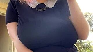 Chubby alt milf neighbor smokes while teasing huge natural tits