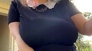 Chubby alt milf neighbor smokes while teasing huge natural tits