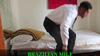 Young stud pays rent devouring mature milf's tight ass in see-through sheer monster cock blowjob frenzy