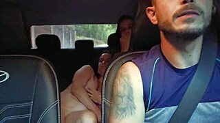 Driver picks up lesbian couple for juicy pussy licking in car