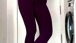 Gym leggings soaked after bursting bladder wets yoga pants and panties close-up drip