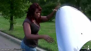 Chubby black shemale shakes massive ass jerking thick shecock outdoors