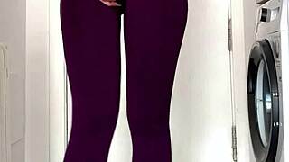 Gym leggings soaked after bursting bladder wets yoga pants and panties close-up drip