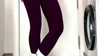 Gym leggings soaked after bursting bladder wets yoga pants and panties close-up drip