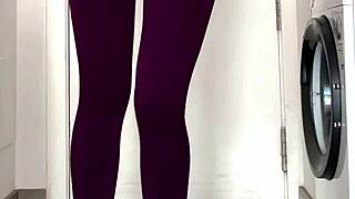 Gym leggings soaked after bursting bladder wets yoga pants and panties close-up drip