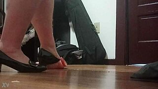 Crush that throbbing cock under my sharp heels!
