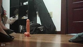 Crush that throbbing cock under my sharp heels!