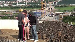 a cute blonde teen gets her pussy stuffed in public threesome at construction site by two horny guys