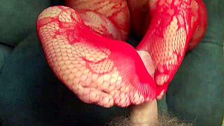 Chubby beauty in red stockings teases neighbor with secret footjob pleasure