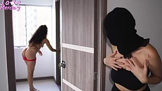 Girl robber breaks into house and watches owner getting naked they both fucked wild