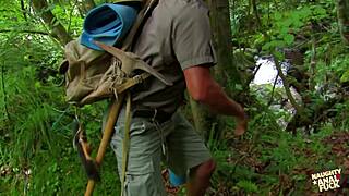 explorer spots lost curvy babe in forest sharing outdoor intimate adventure