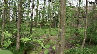 Blonde teen sluts meet two big cocks in forest