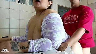 hot latina gets pounded hard by her partner alone at home in the kitchen