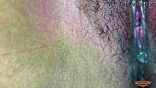 Housewife shows her hairy juicy pussy