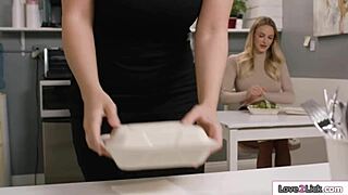 Colleague fingers her shaved pussy at lunch
