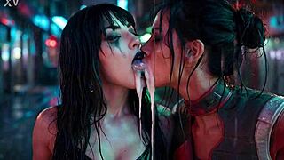 panam palmer from cyberpunk 2077 in a passionate lesbian kissing scene drooling with nyx loops ai generated