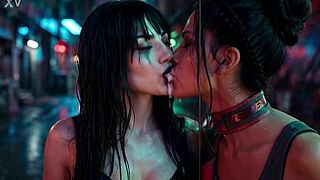 panam palmer from cyberpunk 2077 in a passionate lesbian kissing scene drooling with nyx loops ai generated