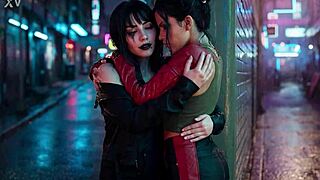 panam palmer from cyberpunk 2077 in a passionate lesbian kissing scene drooling with nyx loops ai generated