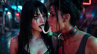 panam palmer from cyberpunk 2077 in a passionate lesbian kissing scene drooling with nyx loops ai generated