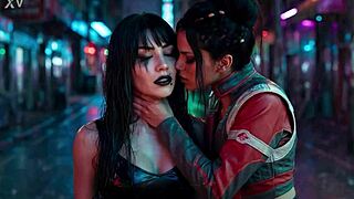 panam palmer from cyberpunk 2077 in a passionate lesbian kissing scene drooling with nyx loops ai generated