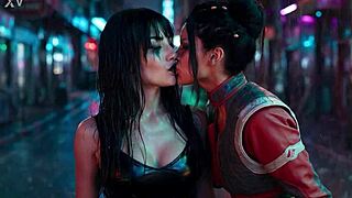 panam palmer from cyberpunk 2077 in a passionate lesbian kissing scene drooling with nyx loops ai generated