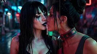 panam palmer from cyberpunk 2077 in a passionate lesbian kissing scene drooling with nyx loops ai generated