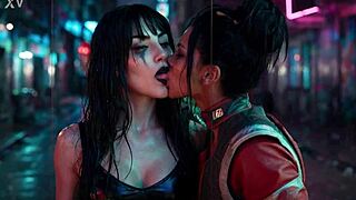 panam palmer from cyberpunk 2077 in a passionate lesbian kissing scene drooling with nyx loops ai generated