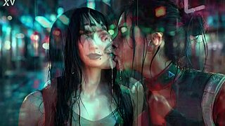 panam palmer from cyberpunk 2077 in a passionate lesbian kissing scene drooling with nyx loops ai generated