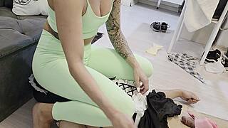 Maria Rosa Gacina Makes Mike Lick Sweat After Workout As Her Slutty Maid!