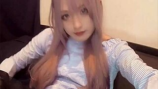 pink hair crossdresser toys anal and masturbates