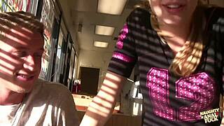horny blonde sucks his fat cock in the bathroom and gets her ass fucked hardcore