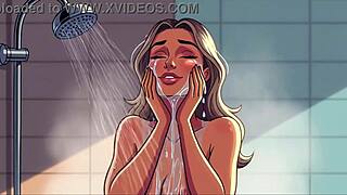 Beautiful nude cartoon woman taking a shower