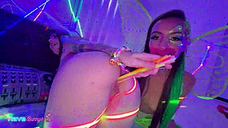 rave fairies sasha and tiny rhea share brian in neon threesome