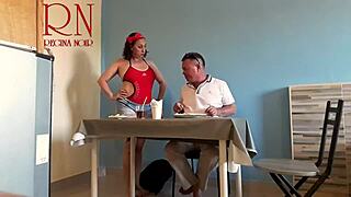 naked waitress restaurant guest eats from the waitresss navel