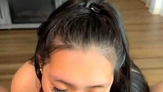 Horny asian slut stuffs mouth with hard cock pov