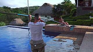 Colombian Milf Fucks Young Worker Outdoors By Pool