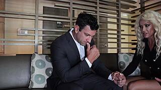 business deal leads to cum covered tits
