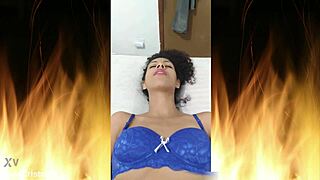 Beautiful Brunette Displays Blue Lingerie With Emotion