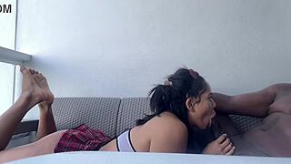 Cute schoolgirl 18+ services bbc on hotel balcony outdoors