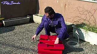 Horny fat cougar takes plumber in every hole outdoors
