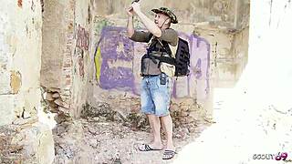 Skinny bitch cheats outdoors with old guy at risky spot